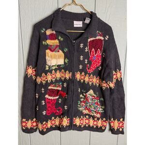 Vintage 90s Christmas Stocking Embroidered Zip-Up Sweater – Women’s Medium